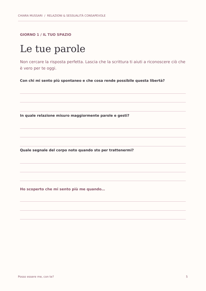 Anteprima della pagina Le tue parole, con domande e righe dedicate alla scrittura personale